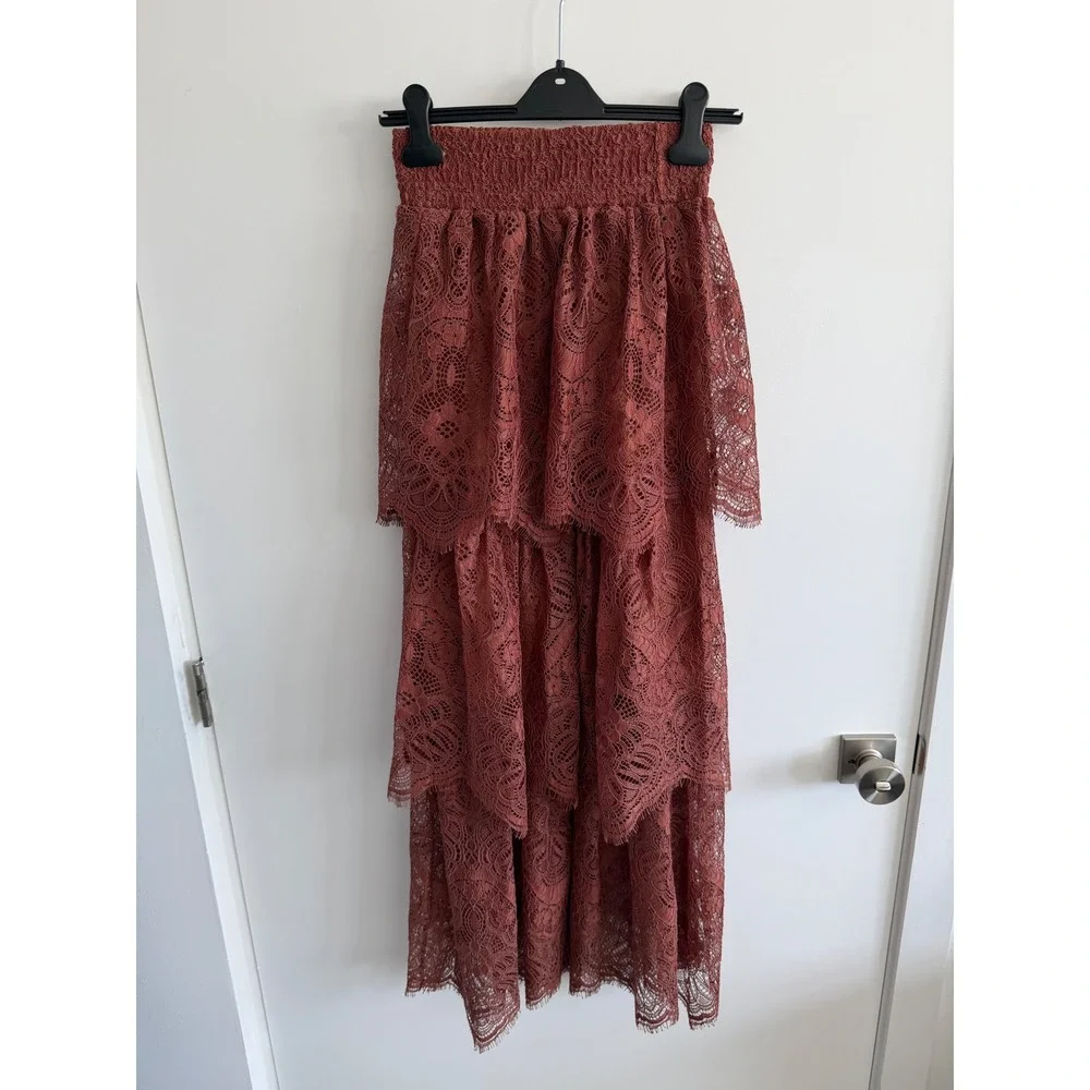 H&M Rust Brown Floral Lace Tiered Maxi Skirt Smocked Waist Size 2 Boho Summer